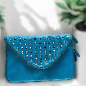 Yoki Teal Ocean Blue Vegan Leather Zipper Studded Crossbody Bag Clutch Purse